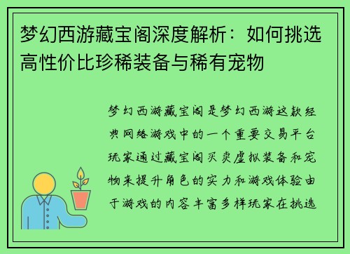 梦幻西游藏宝阁深度解析：如何挑选高性价比珍稀装备与稀有宠物