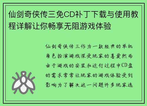 仙剑奇侠传三免CD补丁下载与使用教程详解让你畅享无阻游戏体验