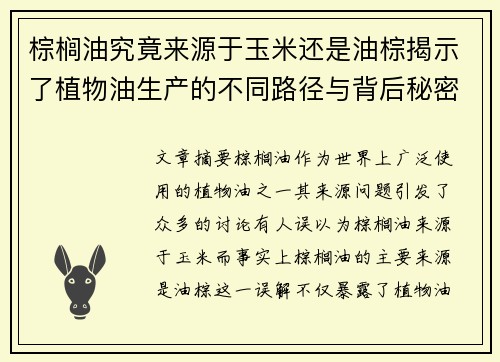 棕榈油究竟来源于玉米还是油棕揭示了植物油生产的不同路径与背后秘密